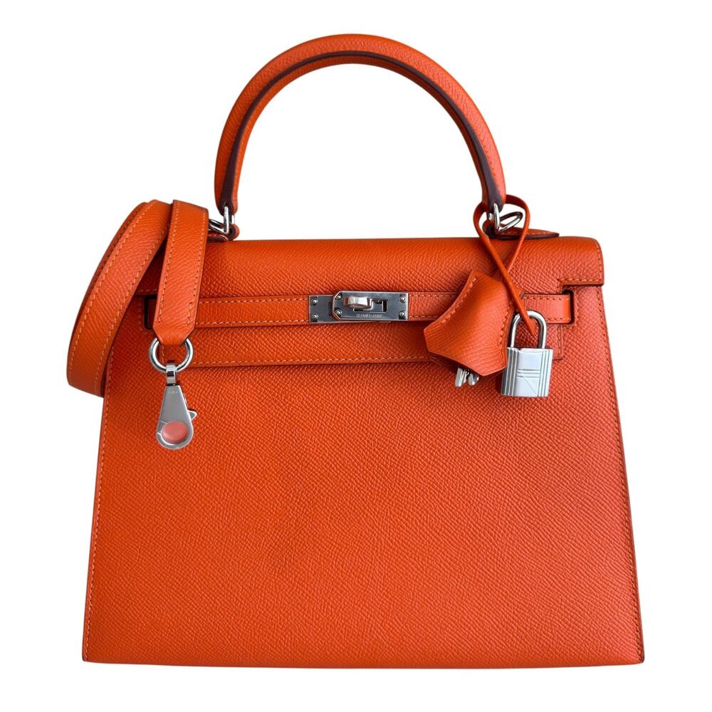 Hermes Kelly 25 Sellier Feu Orange Epsom Leather Palladium Hardware RARE